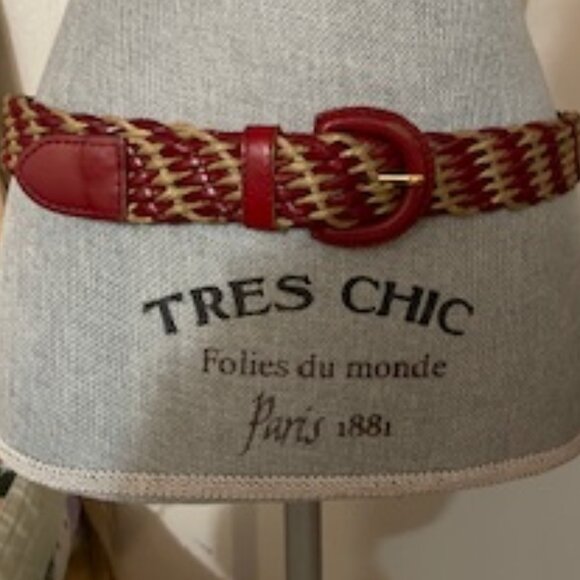 VINTAGE  Women's Red Leather and Beige Cotton Braided Belt - Picture 2 of 3